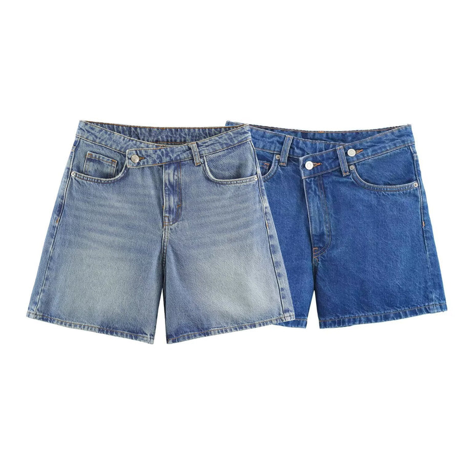 Womens Summer New Double-Breasted High-Waist Denim Shorts