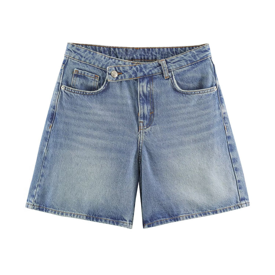 Womens Summer New Double-Breasted High-Waist Denim Shorts