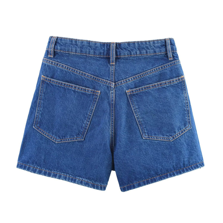 Womens Summer New Double-Breasted High-Waist Denim Shorts