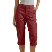 Women's high waist capri pants with pockets in Wine Red